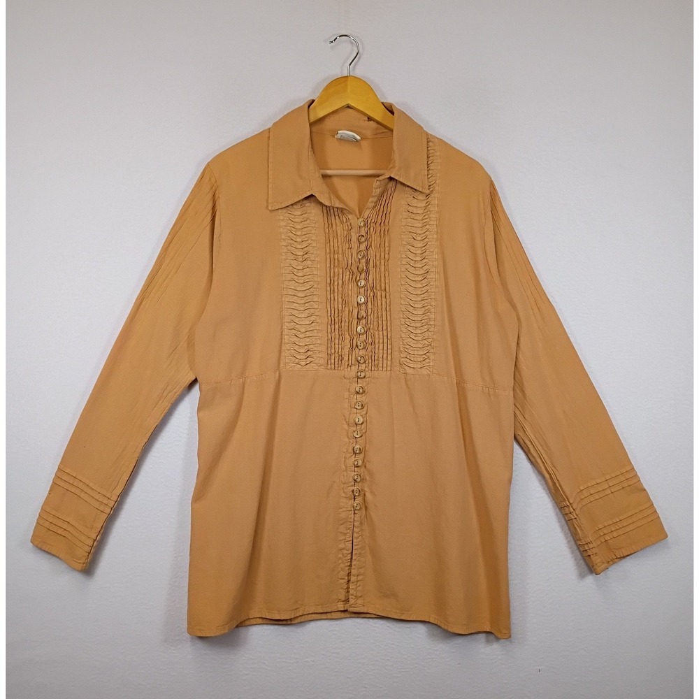 Boho Artisan Eucalyptus Women Large Mustard Cotton Pintuck Ruffle Button Blouse